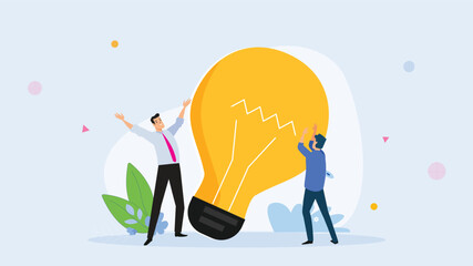 illustration of two businessmen collaboratively holding a large light bulb, symbolizing teamwork in 