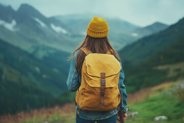 Sticker - Girl With Backpack Hiking In Mountains