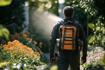 Man With Backpack Sprayer In A Garden, Sprays Plants