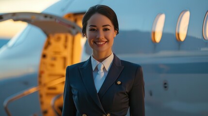 Poster - A friendly flight attendant stands by the aircraft doorway, ready to assist passengers as the sun sets in the background. Generative AI