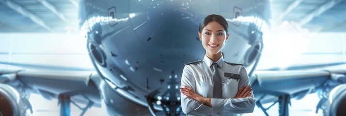 Poster - A flight attendant stands proudly in front of an aircraft, highlighting her professionalism and the operational environment of the airport. Generative AI