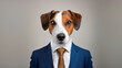 © Alessandra Modica - Business man uomo elegante con cravatta con testa di animale cane jack russell, immagine evocativa creativa, sfondo orizzontale neutro. Figura antropomorfa. Offerta di lavoro, cercare lavoro