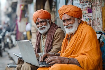 Two indian old man using laptop at out of home, Generative AI