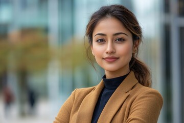 Cheerful Indian business woman looking camera in urban district, copy space. Portrait of successful modern asian manager, worker standing outdoors. Successful, Generative AI