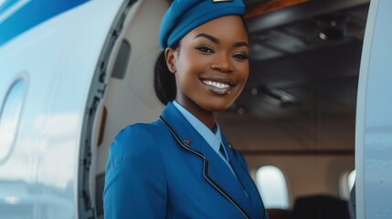 Aufkleber - A flight attendant welcomes travelers onboard with a warm smile and professional demeanor at the aircraft entrance. Generative AI