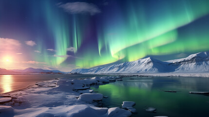 northern lights in the mountains concept poster. northern winter landscape. polar lights horizontal 