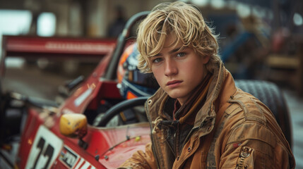 Formula 1 racer with blond hair, standing next to his car.