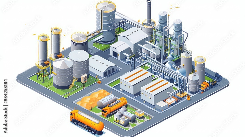 A 3D isometric illustration of an industrial complex with multiple ...