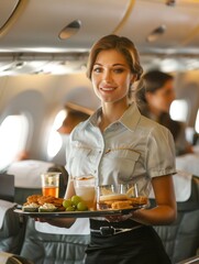 Aufkleber - A flight attendant warmly serves snacks and drinks to passengers in the cabin during a busy airline journey. Generative AI