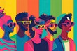 © SKIMP Art - A vibrant illustration of diverse individuals standing together, each wearing glasses in different styles and colors against the backdrop of a rainbow-striped background Generative AI
