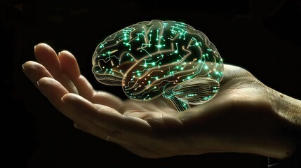 Poster - A glowing, digital brain is held in the palm of an outstretched hand against a black background.