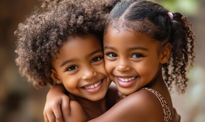 Cute happy african american siblings hugging, Generative AI