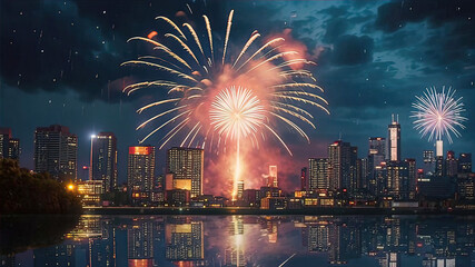 Night scene with fireworks in the sky, reflections of fireworks on the wet ground, festive atmosphere of a night city with fireworks