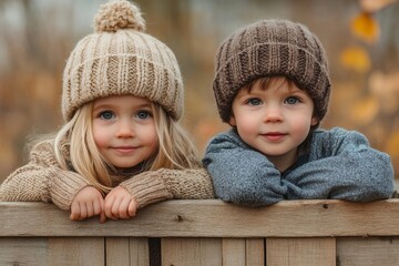 adorable siblings sitting on wooden box outdoors, generative ai