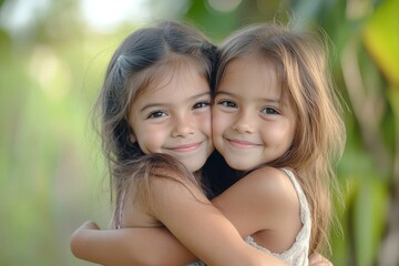 love, kids and girls hug in nature outdoors while siblings happy bonding together. portrait of child