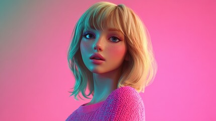 Wall Mural - Blonde teen character posing in colorful 3D studio