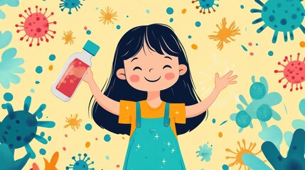 cartoon girl spraying disinfectant on hands to fight germs and bacteria