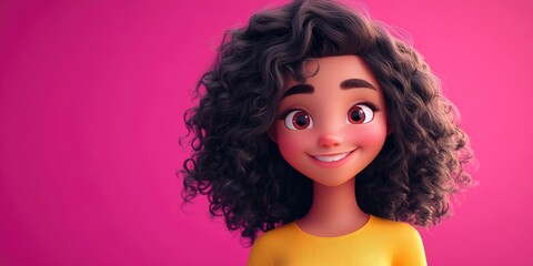 Poster - Charming 3D cartoon girl with curly hair showing emotions against a vibrant pink backdrop