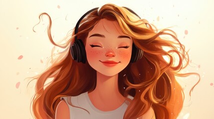 Wall Mural - Charming cartoon girl with flowing hair striking a listening pose