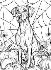 a black and white drawing of a dog sitting in a pumpkin patch