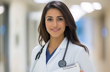 Medical professional smiling while holding a clipboard in a hospital corridor during daytime