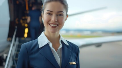 Aufkleber - A flight attendant warmly welcomes travelers as they board the plane at the airport terminal, showcasing friendly service and professionalism. Generative AI