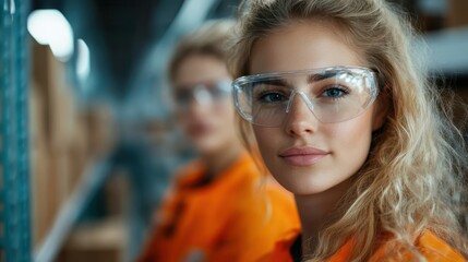 A young blonde woman wearing work uniform and clear safety glasses stands in a spacious warehouse with a professional and determined expression, showing readiness for tasks.