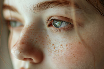 Wall Mural - A woman with green eyes and a nose with freckles