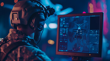 Military operator controlling a drone mission through advanced computer interface at night
