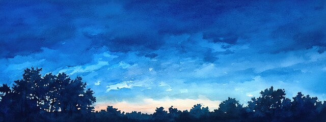 Wall Mural - Watercolor depiction of a serene blue sky at dusk