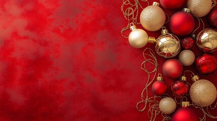 Elegant Christmas decorations with red and gold ornaments on a festive background