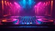 © EEKONG - Illuminated DJ Booth in Nightclub with Colorful Stage Lights and Copy Space Background
