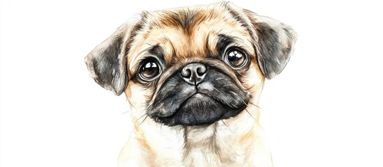 Watercolor close up portrait of a wrinkled pug puppy set against a white background Short haired toy dog Hand drawn beloved pet Well liked small breed dog Greeting card design Clip art