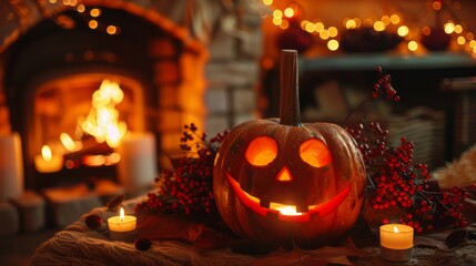 Smiling jack-o-lantern with glowing candlestick, surrounded by candles, and warm fireplace 