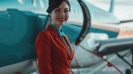 Aufkleber - A cheerful flight attendant poses next to a private jet, showcasing her vibrant uniform and warm smile as travelers prepare to board. Generative AI