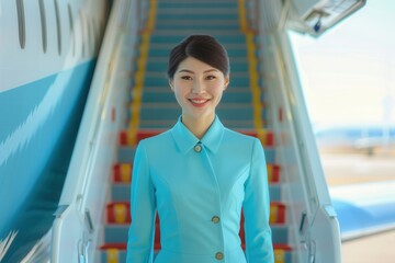 Aufkleber - A flight attendant stands at the airplane entrance, smiling brightly as passengers prepare to board under clear skies. Generative AI