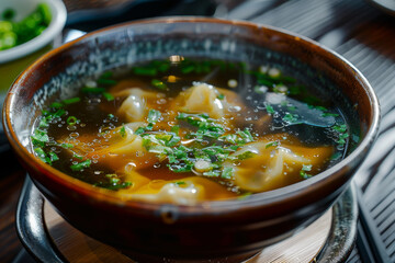 Wall Mural - A bowl of soup with noodles and green herbs