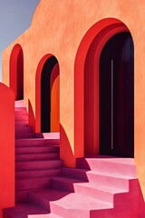 Wall Mural - Pink Steps Leading Up To Three Arched Doorways With Orange Walls