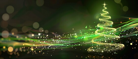 Wall Mural - Abstract christmas tree made of light rays and particles glowing beautifully on dark background, copy space. Unique holiday tree card for seasonal greetings and celebration. Shining gold and green.