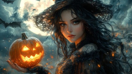 Beautiful witch with glowing pumpkin on Halloween night

