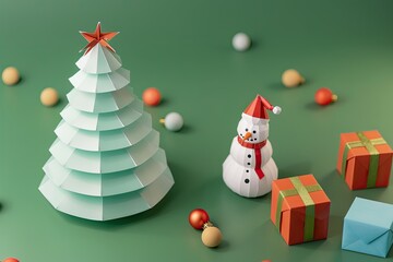 Wall Mural - 3D isometric photography, a cute paper Christmas tree and snowman side by side on the left side of the image, small colorful gift boxes on a green background Generative AI