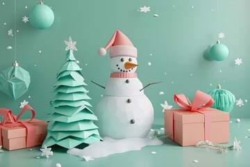 Wall Mural - Minimalist Christmas composition with a green background, a paper tree and snowman, presents in pink color Generative AI