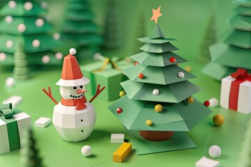 Wall Mural - 3D isometric photography, a cute paper Christmas tree and snowman with gifts on a green background Generative AI