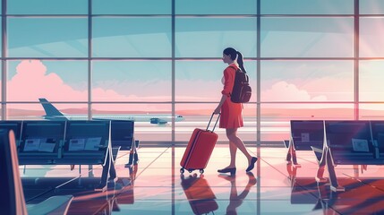 Aufkleber - A flight attendant strolls through an airport terminal with a rolling suitcase, with planes visible in the distance during a vibrant sunset. Generative AI