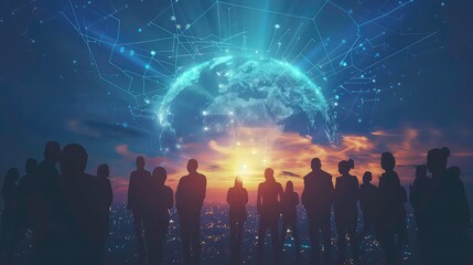 Poster - Silhouettes of people standing in front of a glowing globe with a network of lines connecting it, set against a backdrop of a city skyline and a sunrise.