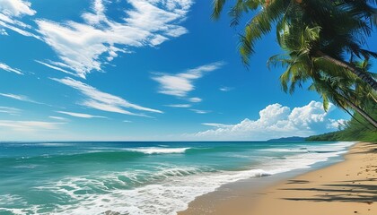 The beach scenery with swaying coconut trees, the blue sky and the tranquil sea, and the leisurely atmosphere of summer.