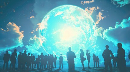 Wall Mural - a group of people stand in silhouette, looking up at a large, glowing orb in the night sky.