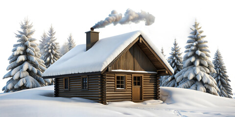 Wall Mural - cozy log cabin surrounded by snow-covered pine trees in a serene winter landscape during daylight wi