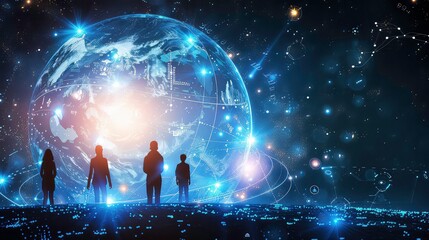 Poster - four silhouetted figures stand in front of a glowing digital globe with a starry background.