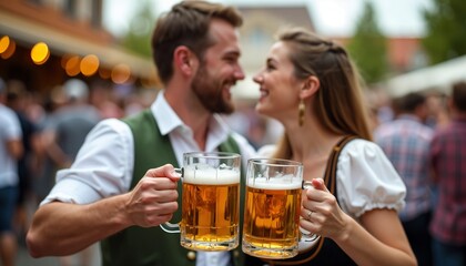 Wall Mural - Happy couple in bavarian clothes holding beer mugs celebrating oktoberfest